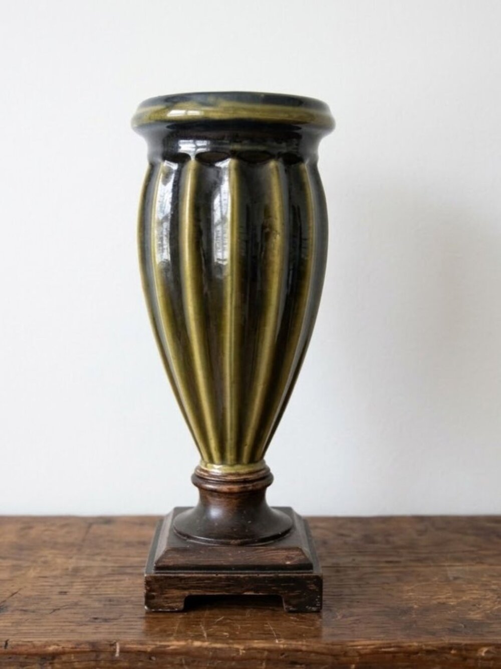 Vintage Green Ribbed Ceramic Urn Vase on Bronze Square Pedestal Base Ribbed 12"